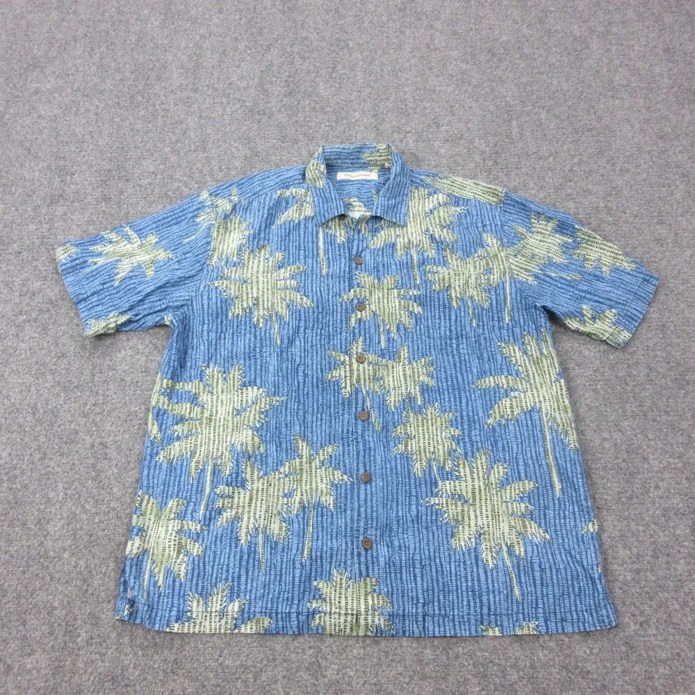 Tommy Bahama Shirt Mens L Blue Silk Floral Short Sleeve‎ Button Front Casual